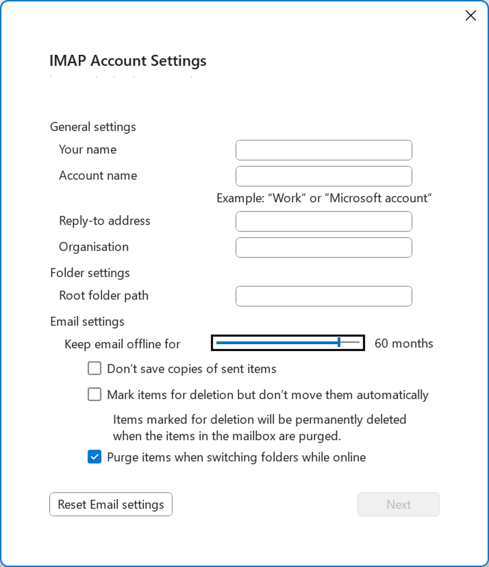 Outlook - File - Account Name and Syne Settings - Kepp email offline.png