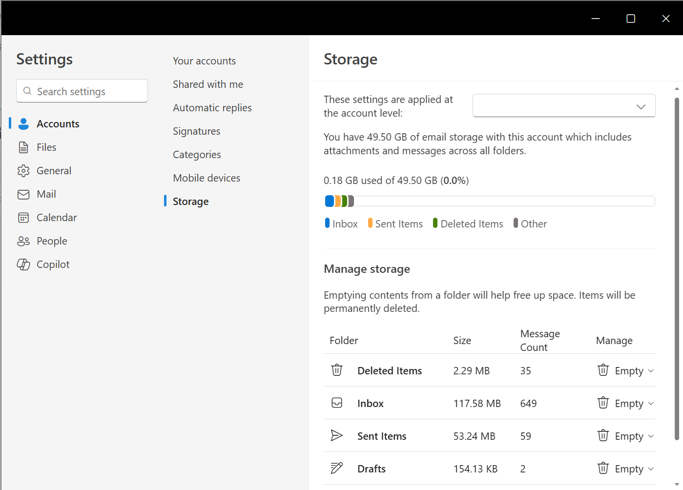 How to check quota information using Outlook New - Storage.png