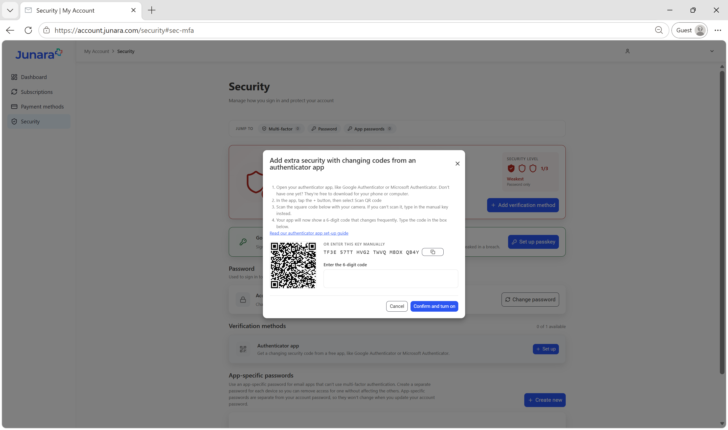 Scan QR, enter code, select Confirm and turn on.png